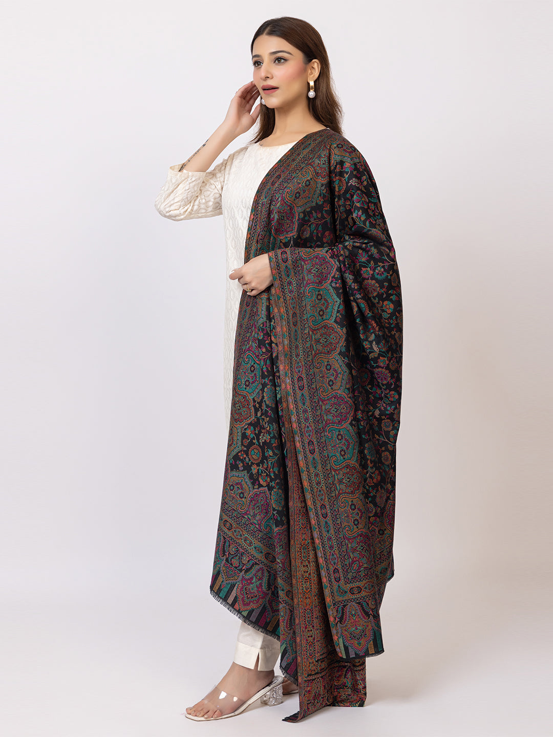 Tillaari Black Kani Shawl with Intricate Floral and Paisley Design