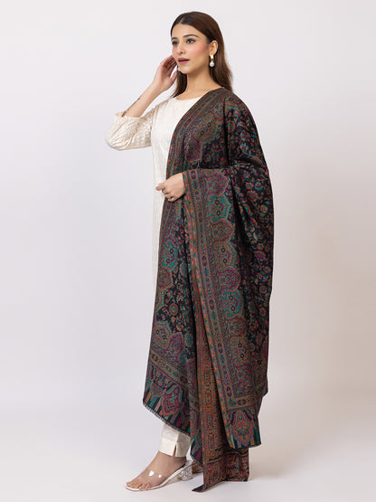 Tillaari Black Kani Shawl with Intricate Floral and Paisley Design