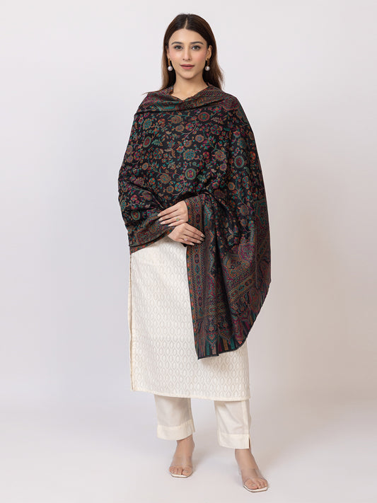 Tillaari Black Kani Shawl with Intricate Floral and Paisley Design