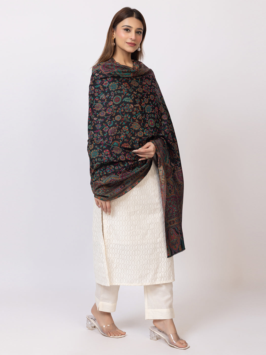 Tillaari Black Kani Shawl with Intricate Floral and Paisley Design
