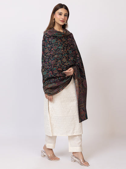 Tillaari Black Kani Shawl with Intricate Floral and Paisley Design