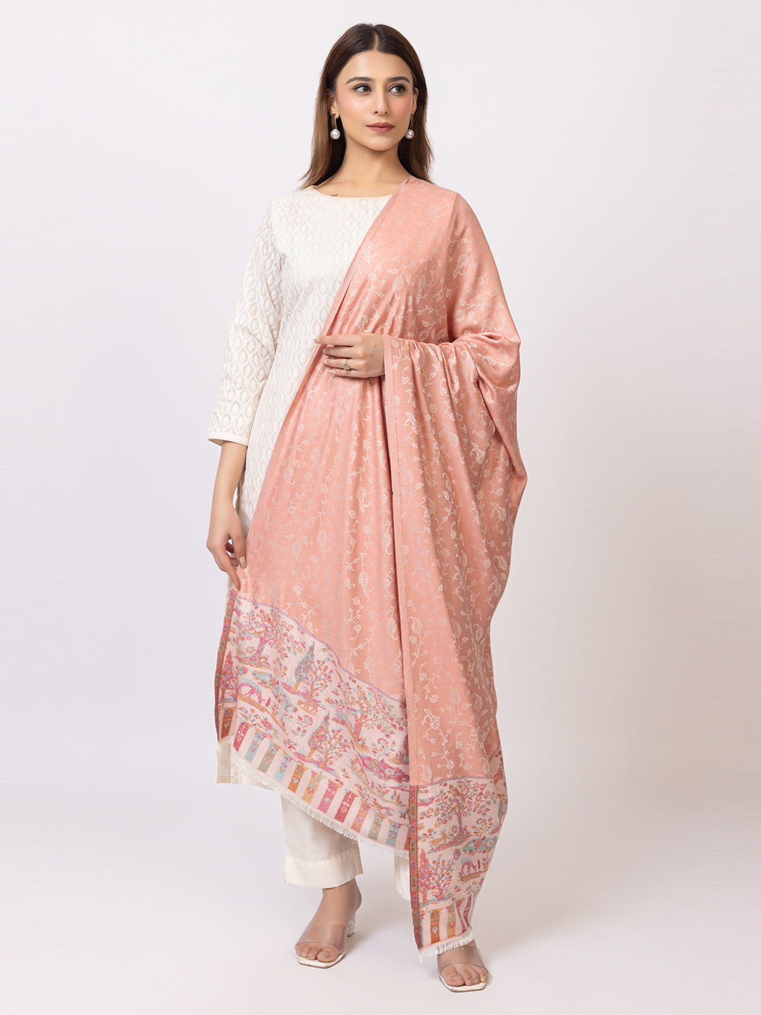 Tillaari Elegant Shawl with Vibrant Multicolor Border