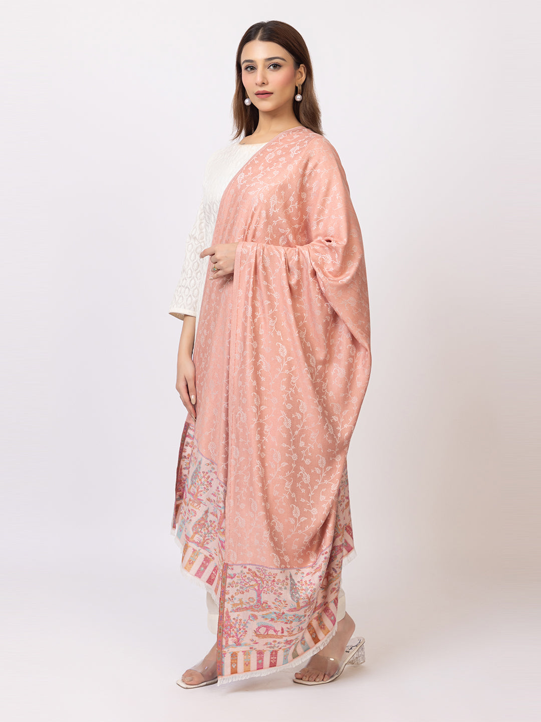 Tillaari Elegant Shawl with Vibrant Multicolor Border