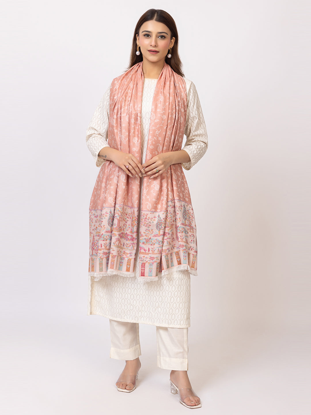 Tillaari Elegant Shawl with Vibrant Multicolor Border