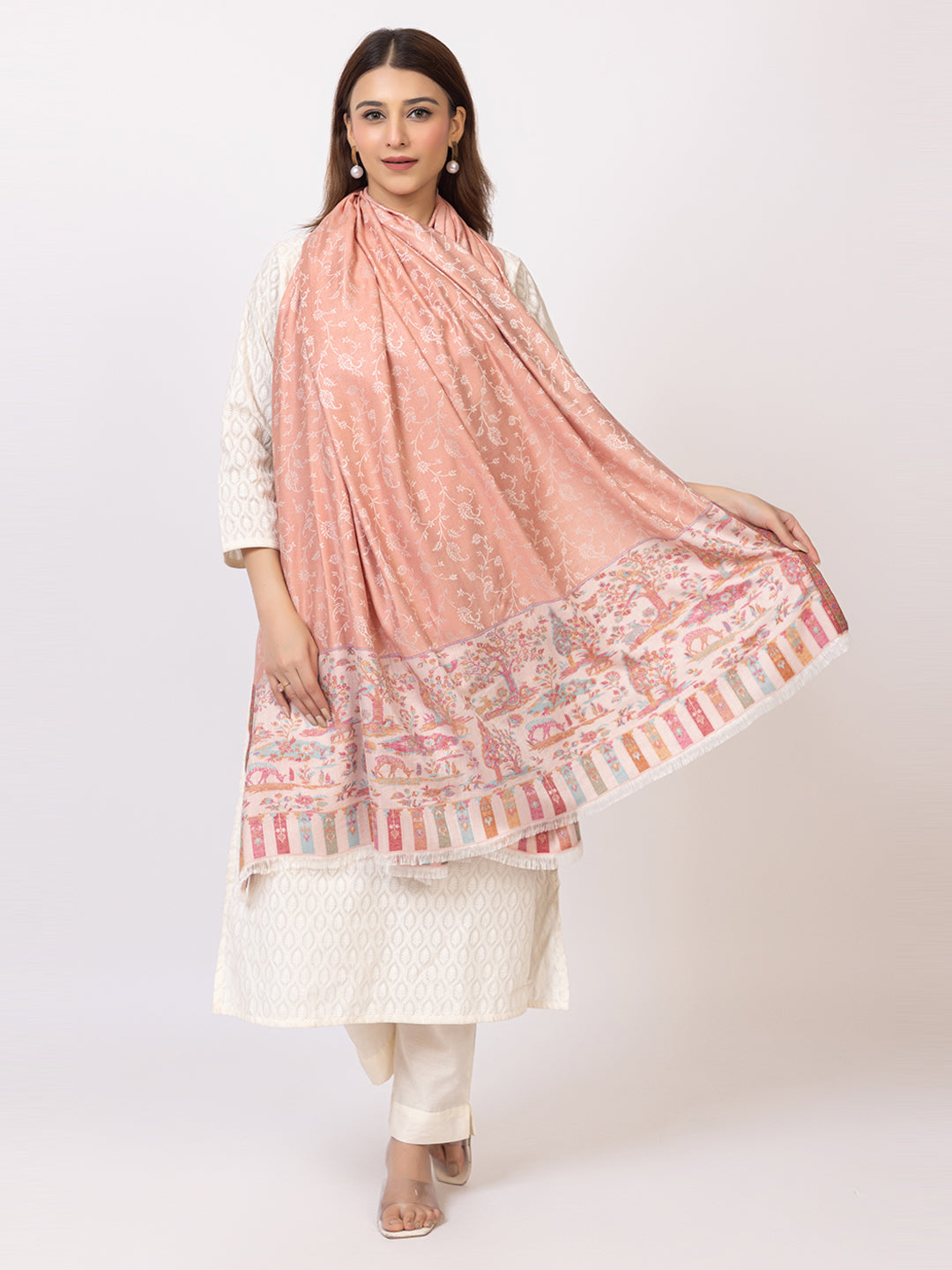 Tillaari Elegant Shawl with Vibrant Multicolor Border