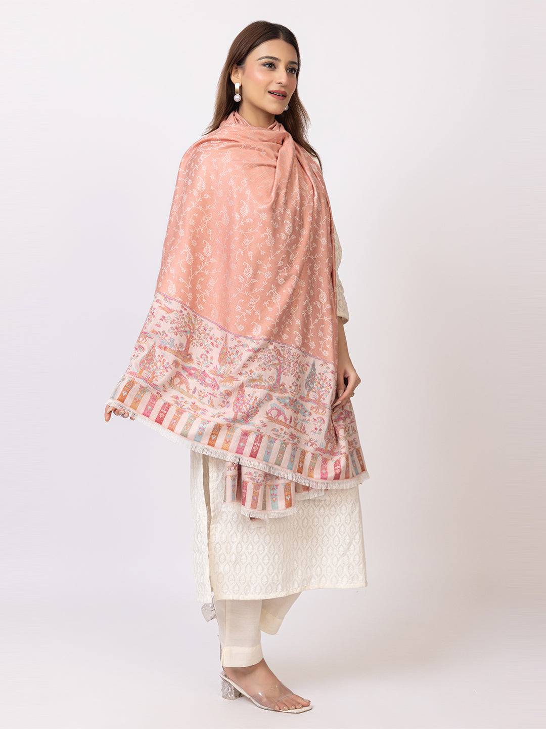 Tillaari Elegant Shawl with Vibrant Multicolor Border