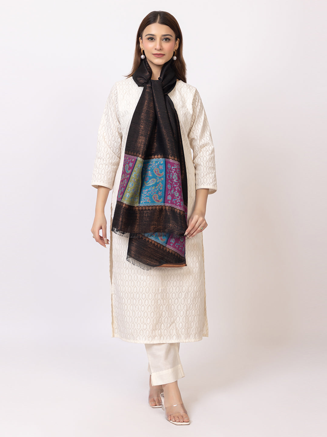 Tillari Night Blooming Navy Stole with Ethnic Border