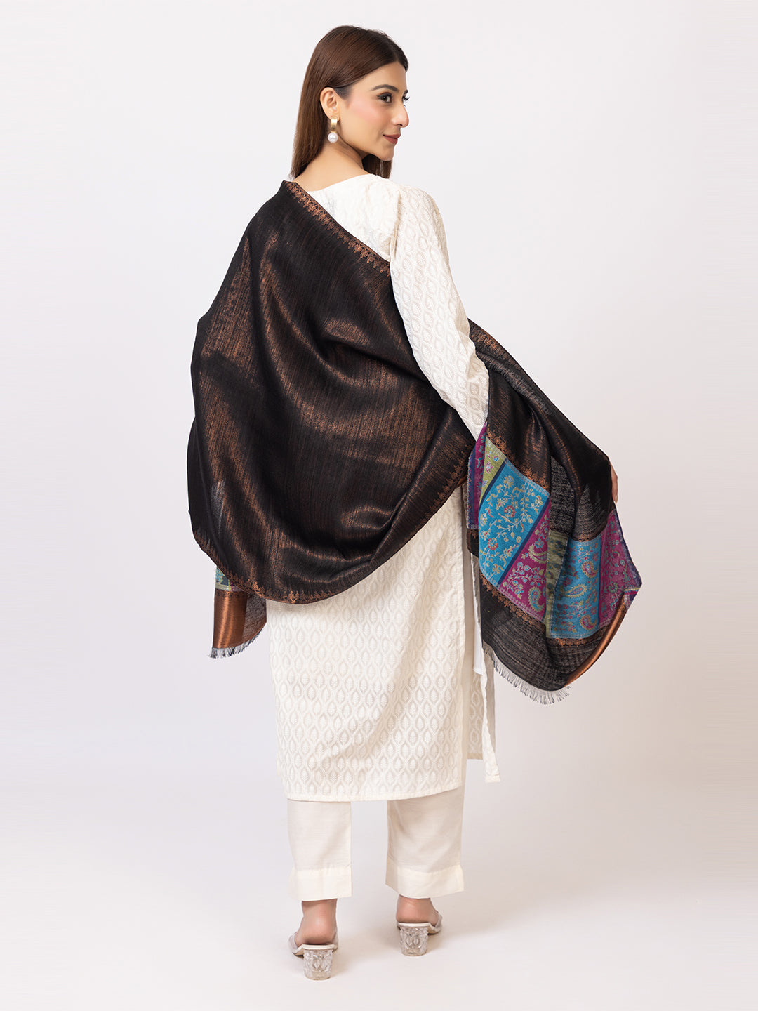 Tillari Night Blooming Navy Stole with Ethnic Border