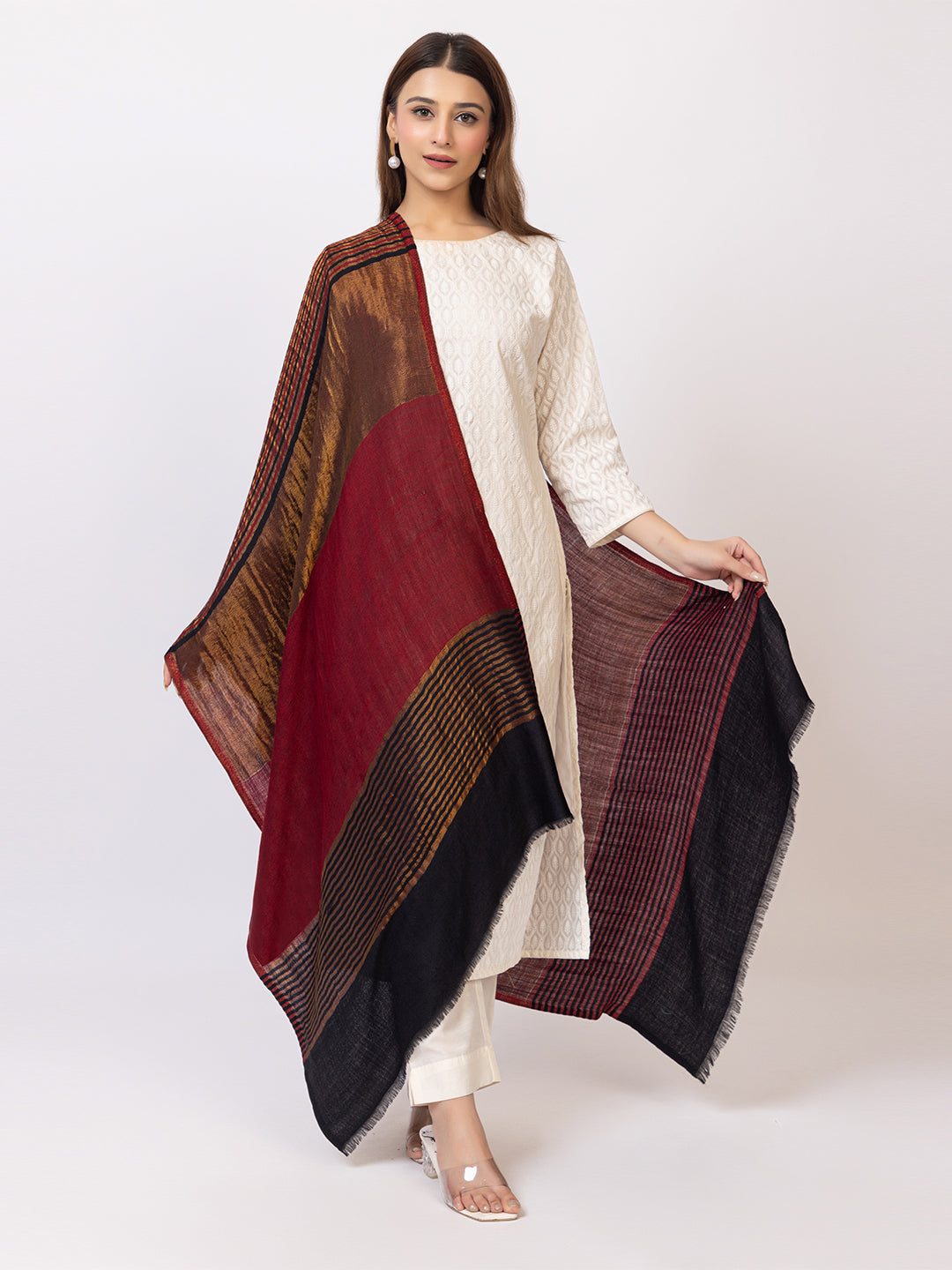 Tillaari Elegant Red, Black and Golden Striped Stole