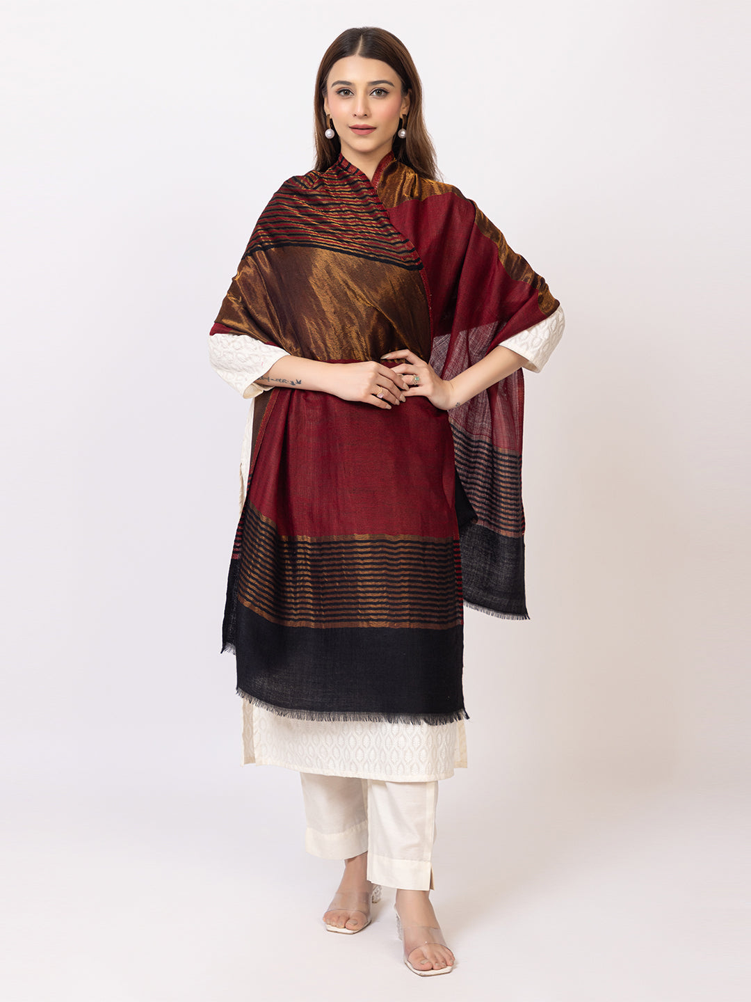 Tillaari Elegant Red, Black and Golden Striped Stole