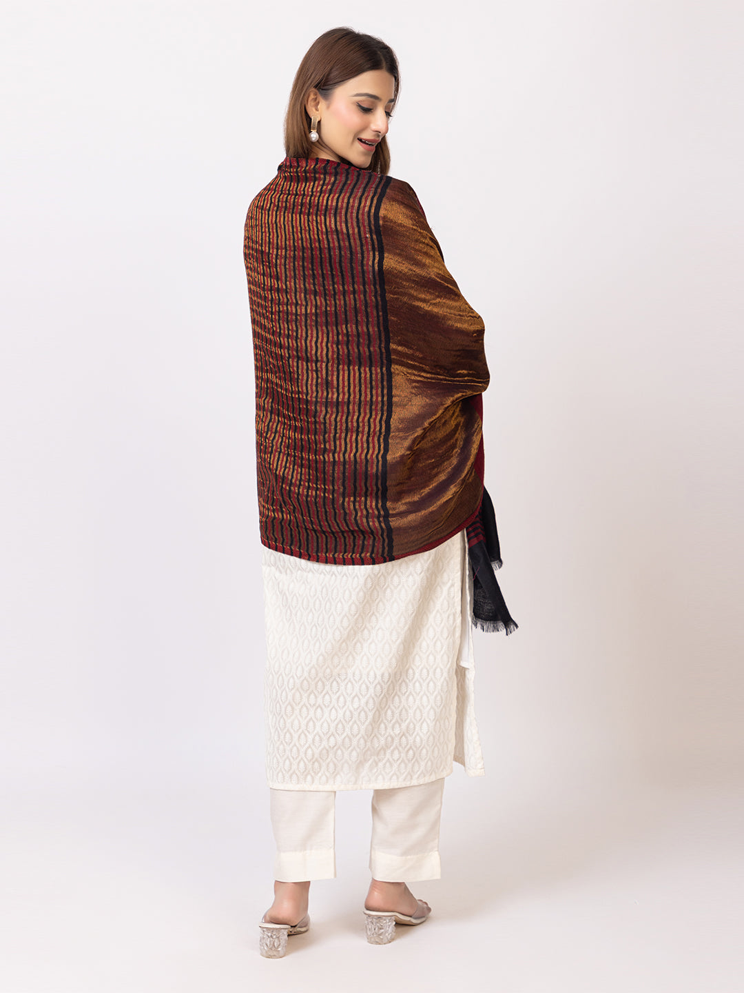 Tillaari Elegant Red, Black and Golden Striped Stole