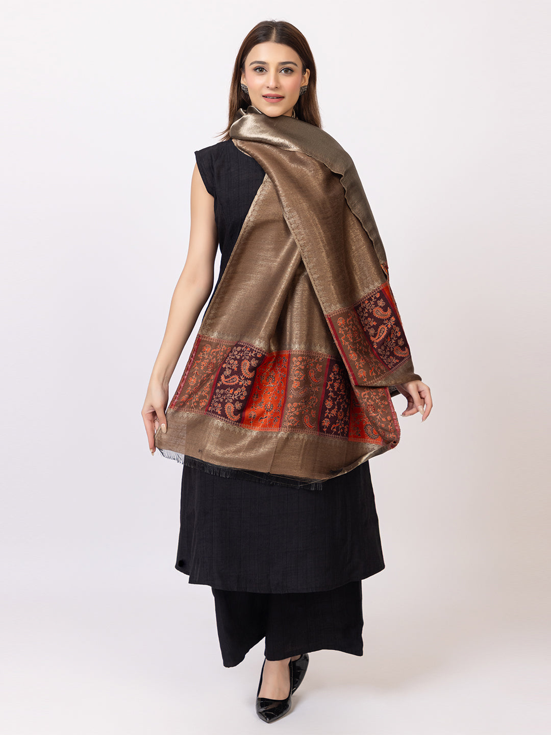 Tillari Night Blooming Navy Stole with Ethnic Border