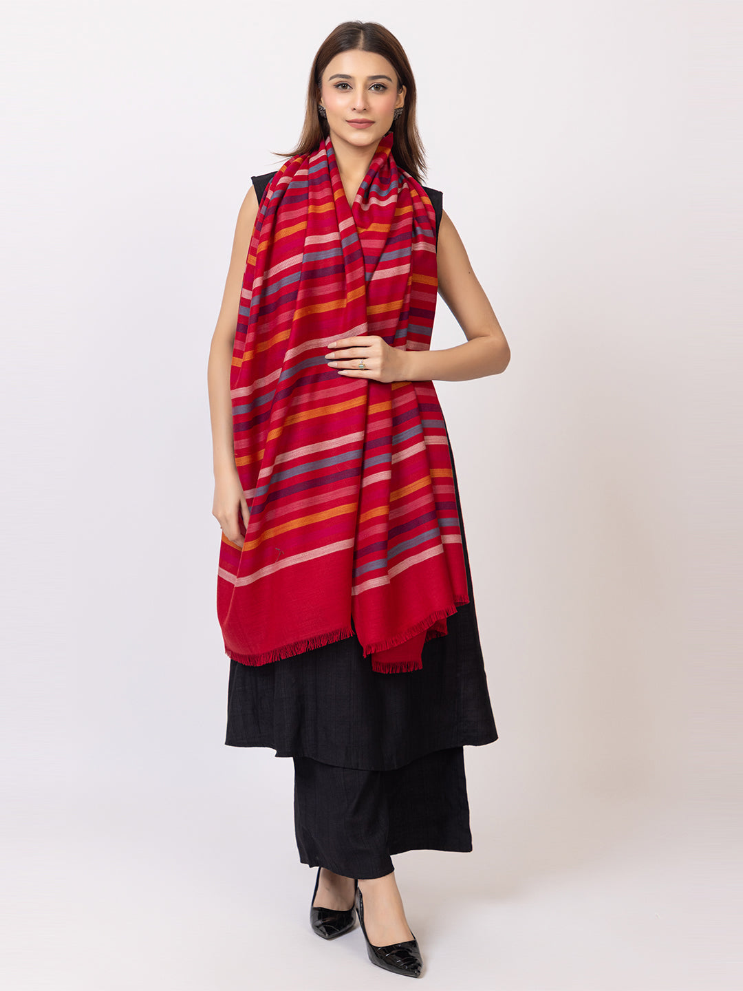Tillaari Multicolor Striped Red Shawl