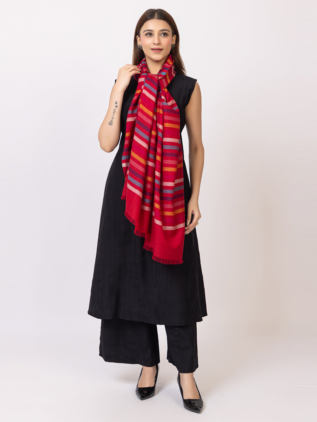 Tillaari Multicolor Striped Red Shawl