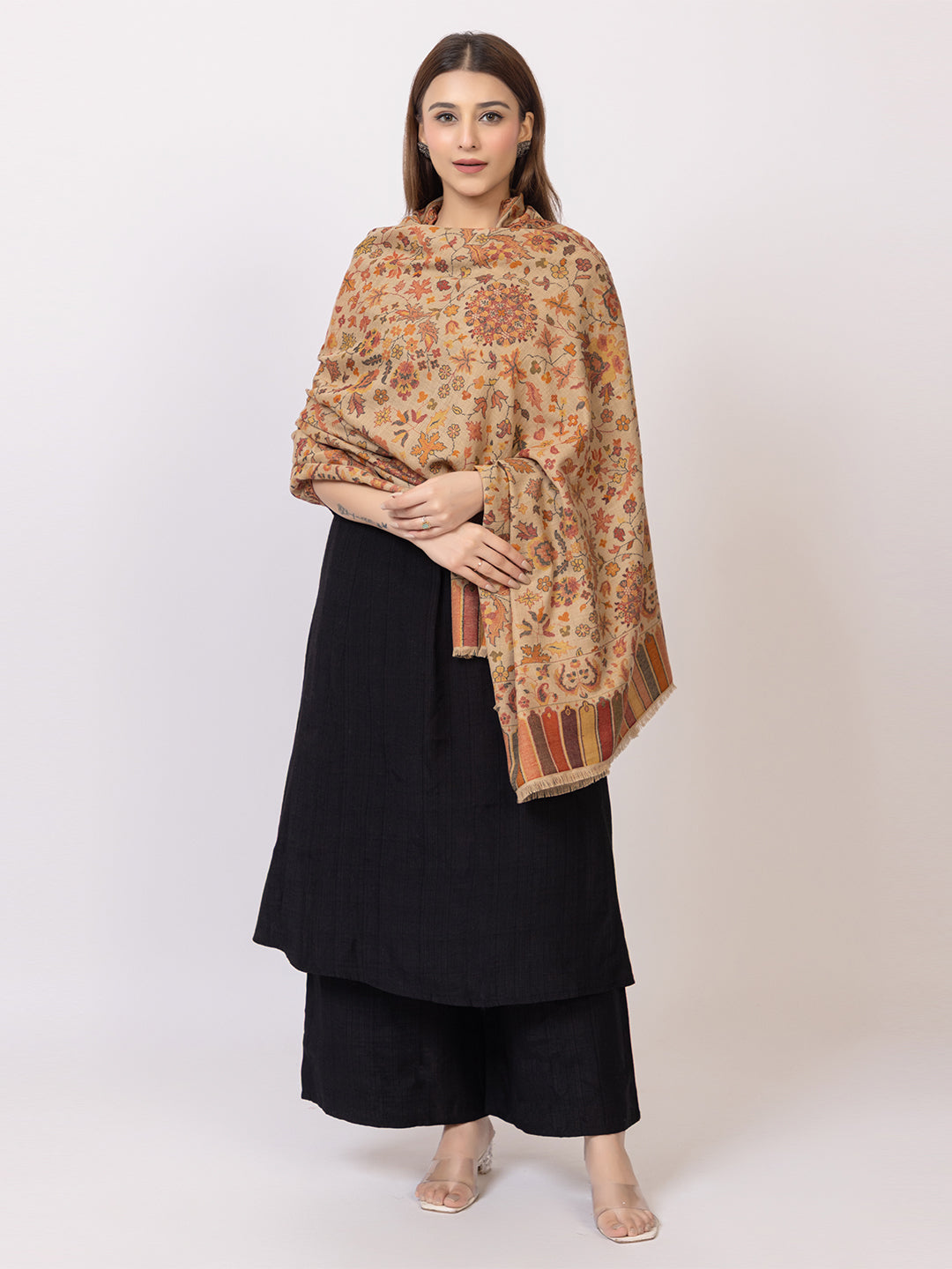 Tillaari Elegant Beige Cotton Wool Shawl