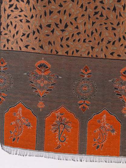 Tillaari Grey Copper Wool Blend Shawl with Leaf Motifs