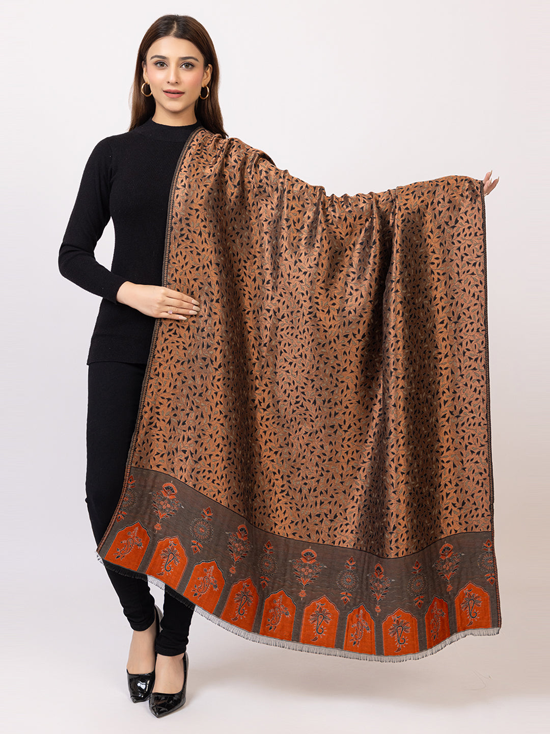 Tillaari Grey Copper Wool Blend Shawl with Leaf Motifs
