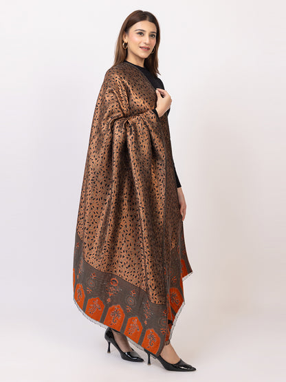Tillaari Grey Copper Wool Blend Shawl with Leaf Motifs