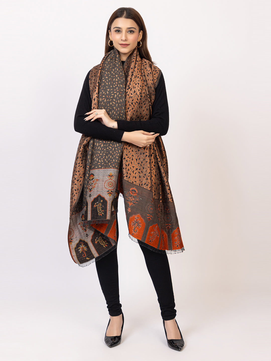 Tillaari Grey Copper Wool Blend Shawl with Leaf Motifs
