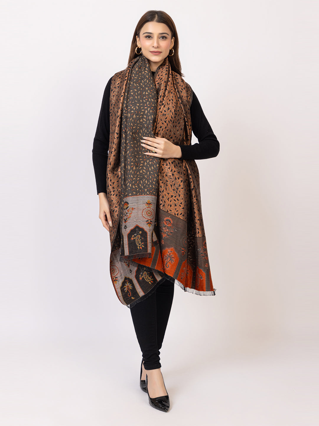 Tillaari Grey Copper Wool Blend Shawl with Leaf Motifs