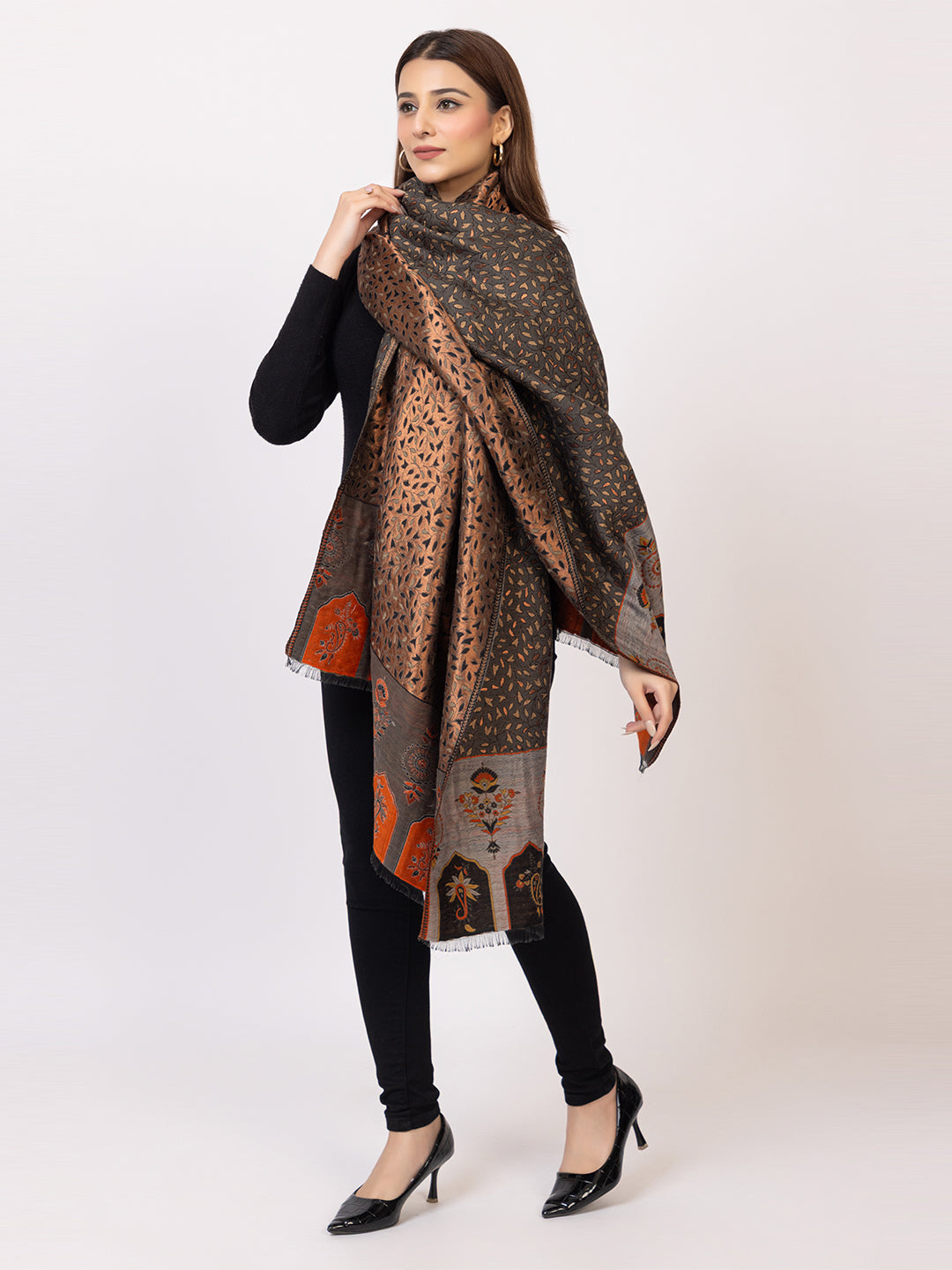 Tillaari Grey Copper Wool Blend Shawl with Leaf Motifs