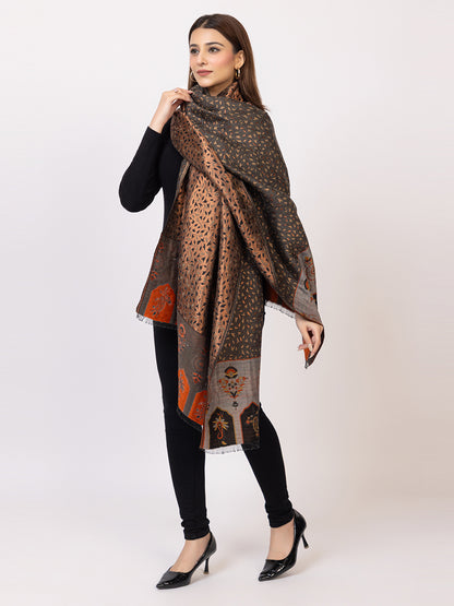Tillaari Grey Copper Wool Blend Shawl with Leaf Motifs