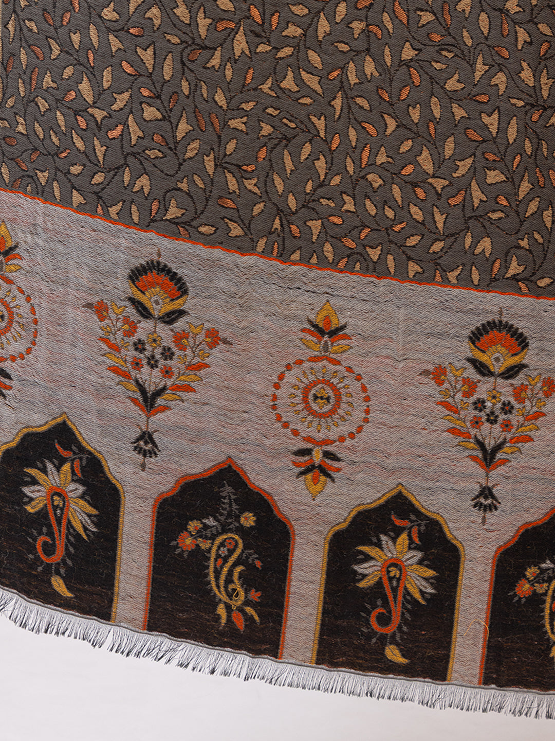 Tillaari Grey Copper Wool Blend Shawl with Leaf Motifs