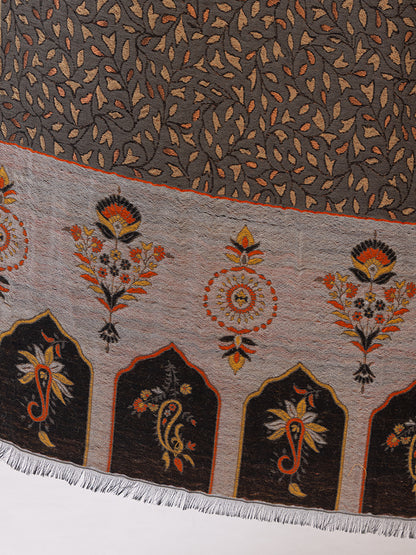 Tillaari Grey Copper Wool Blend Shawl with Leaf Motifs