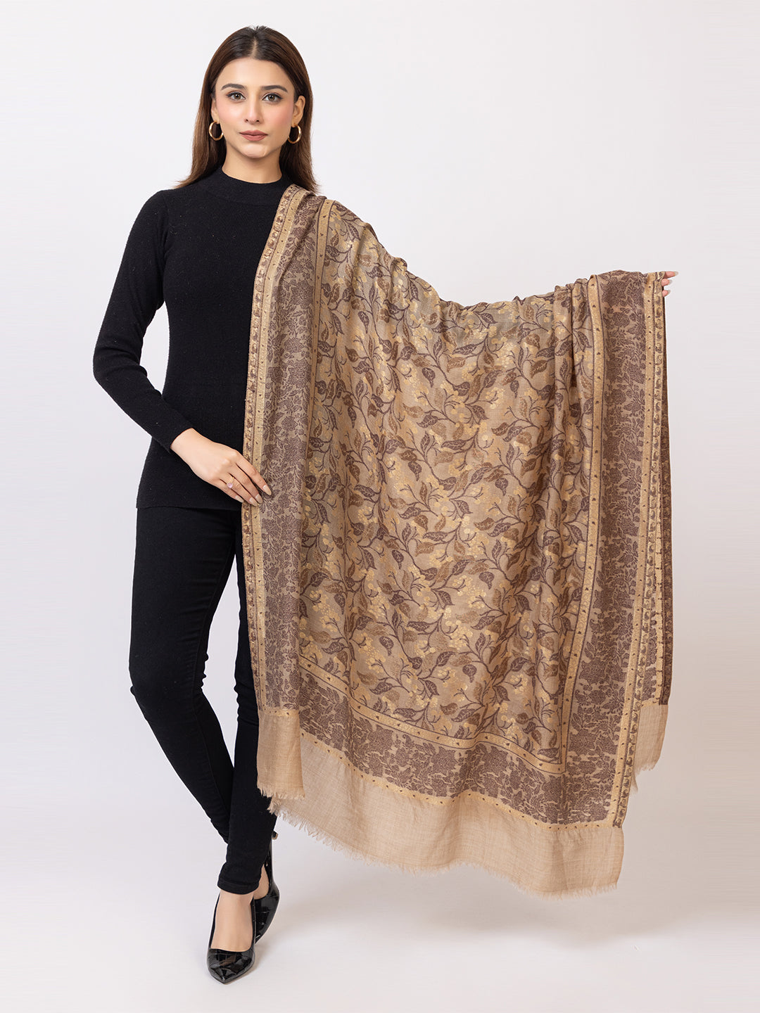 Tillaari Beige Shawl with Subtle Floral Vine Design