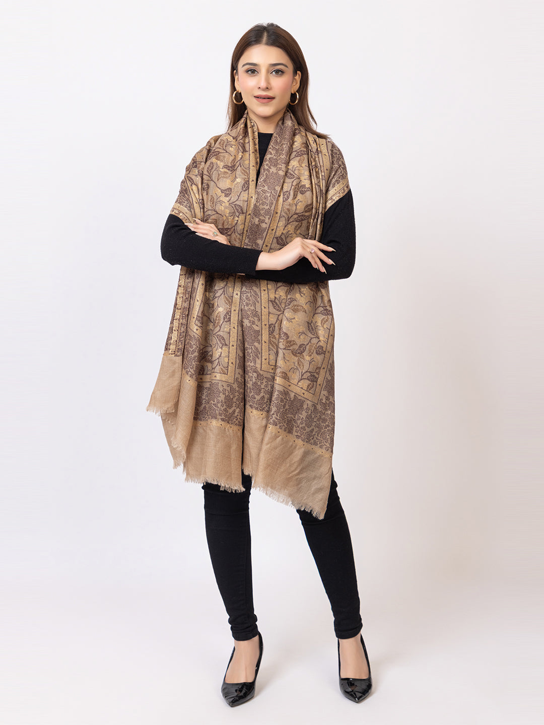 Tillaari Beige Shawl with Subtle Floral Vine Design