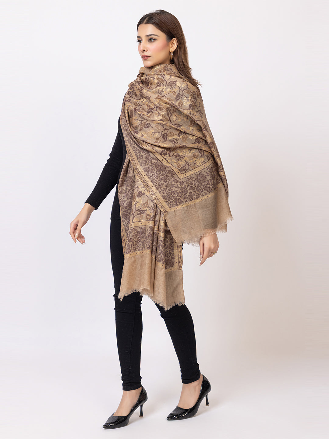 Tillaari Beige Shawl with Subtle Floral Vine Design