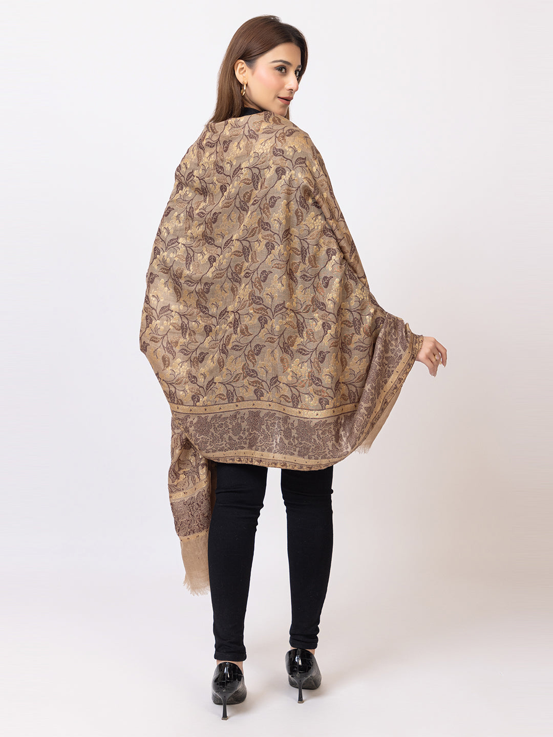 Tillaari Beige Shawl with Subtle Floral Vine Design