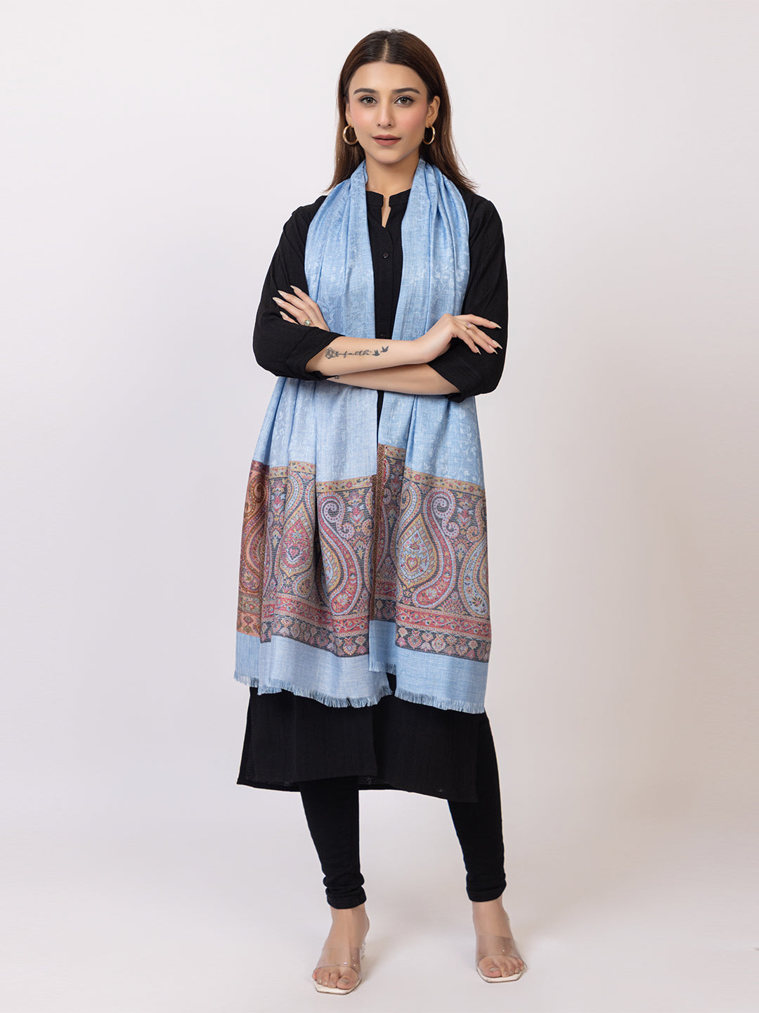 Tillaari Ethnic Stole with Multicolor border with Self Jaal