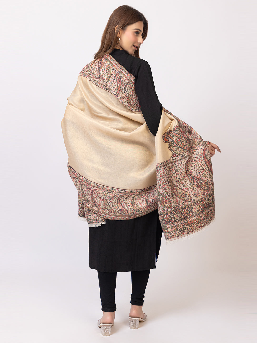 Tillaari Mettalic Shawl with Intricate Paisley and Floral Zari Base