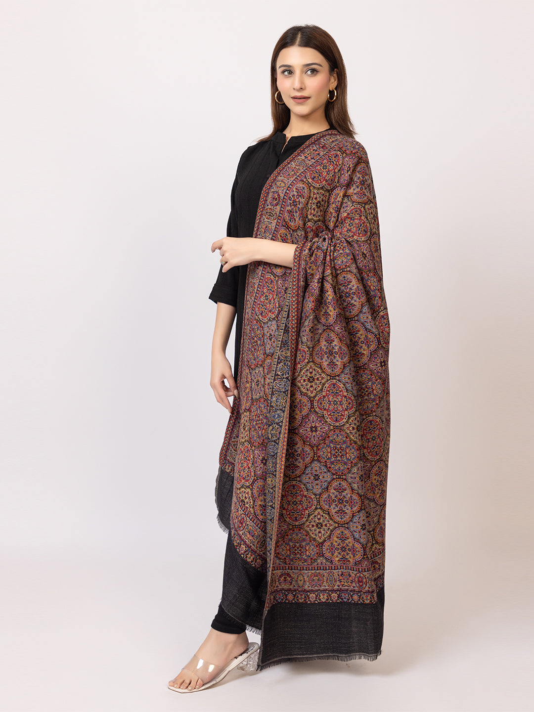 Tillaari Elegant Black Geometric Shawl with Intricate Indian Motifs
