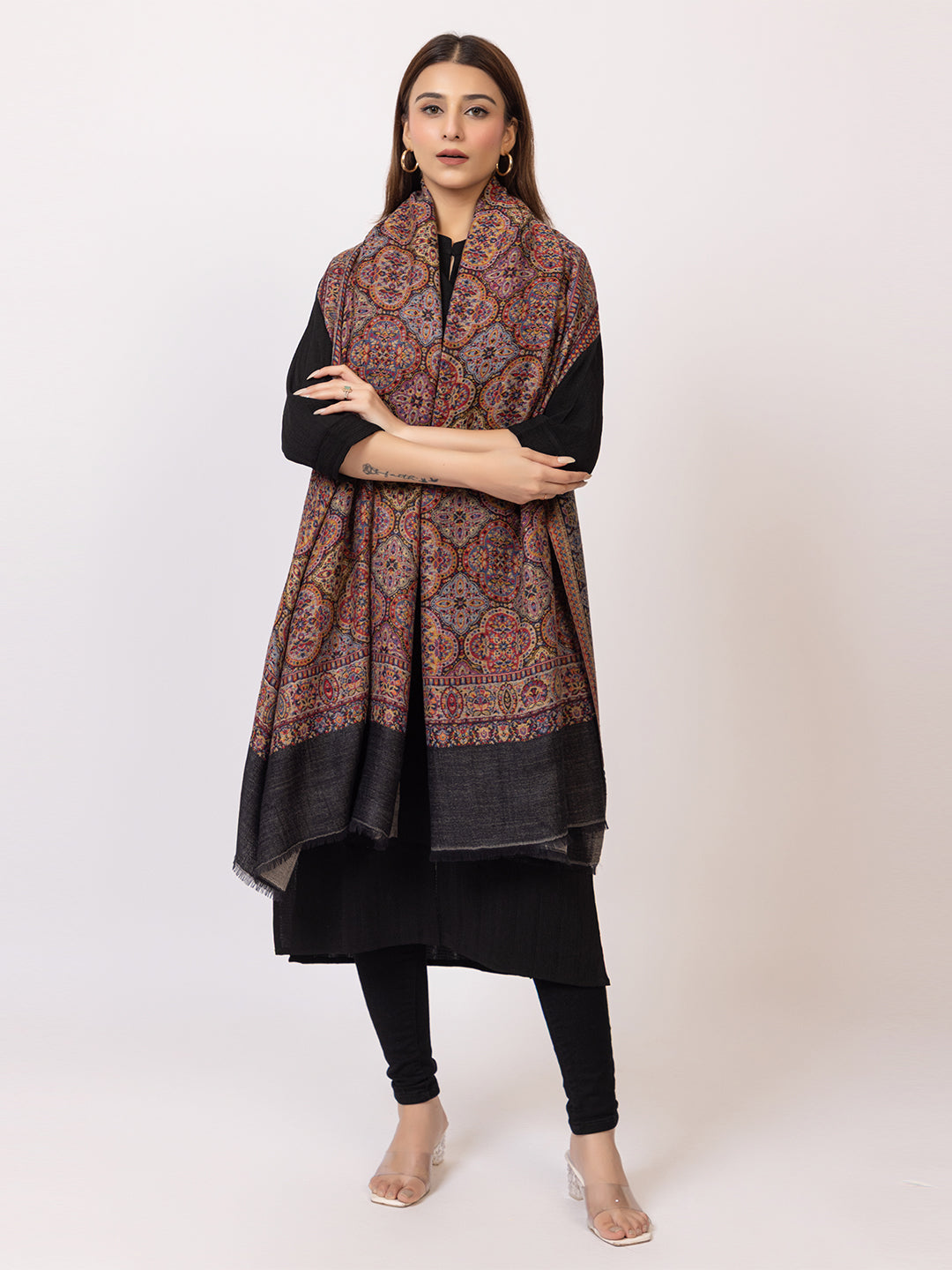 Tillaari Elegant Black Geometric Shawl with Intricate Indian Motifs