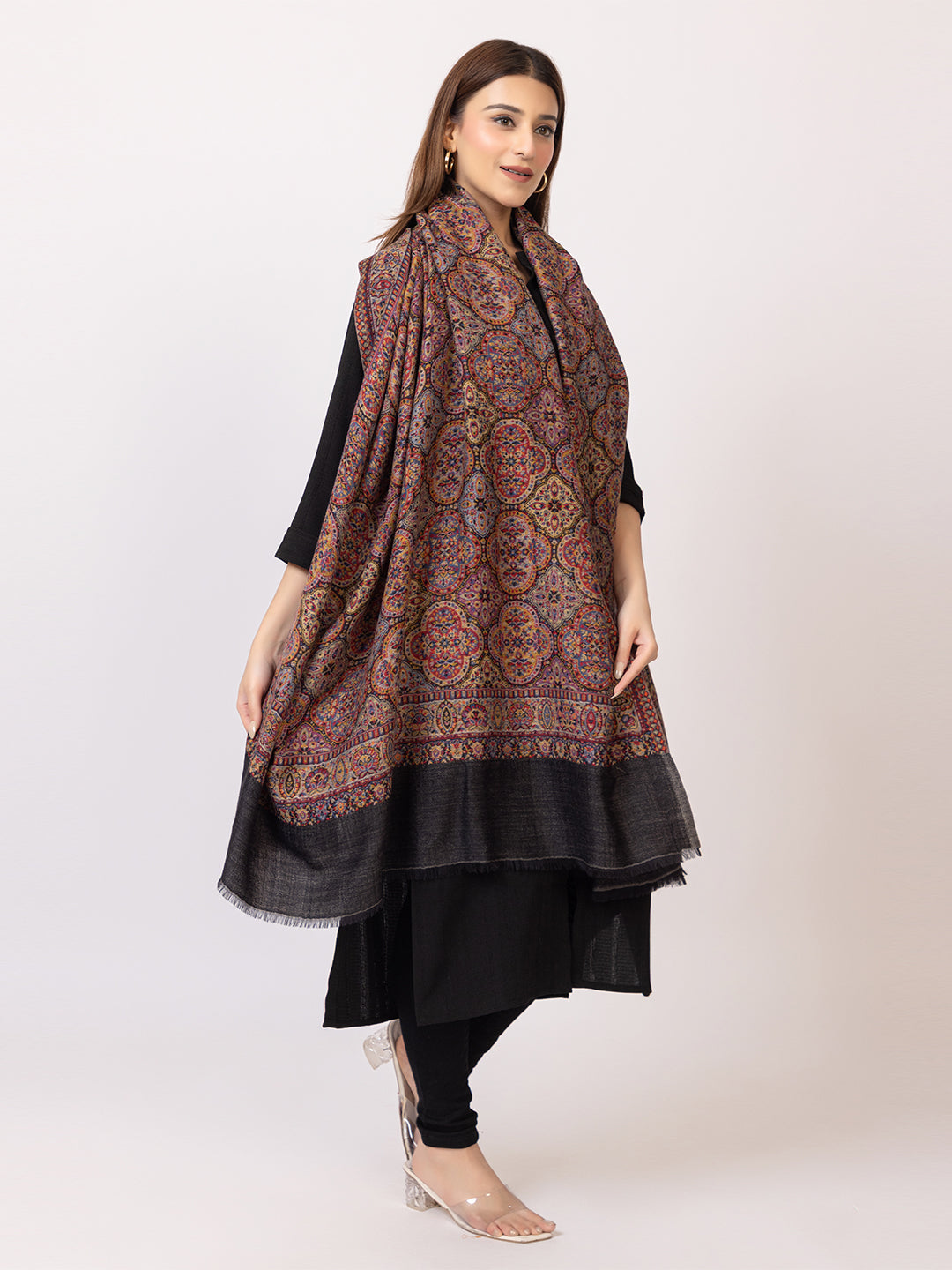 Tillaari Elegant Black Geometric Shawl with Intricate Indian Motifs