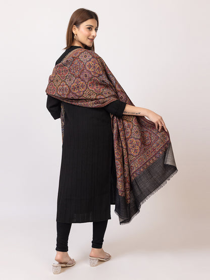 Tillaari Elegant Black Geometric Shawl with Intricate Indian Motifs