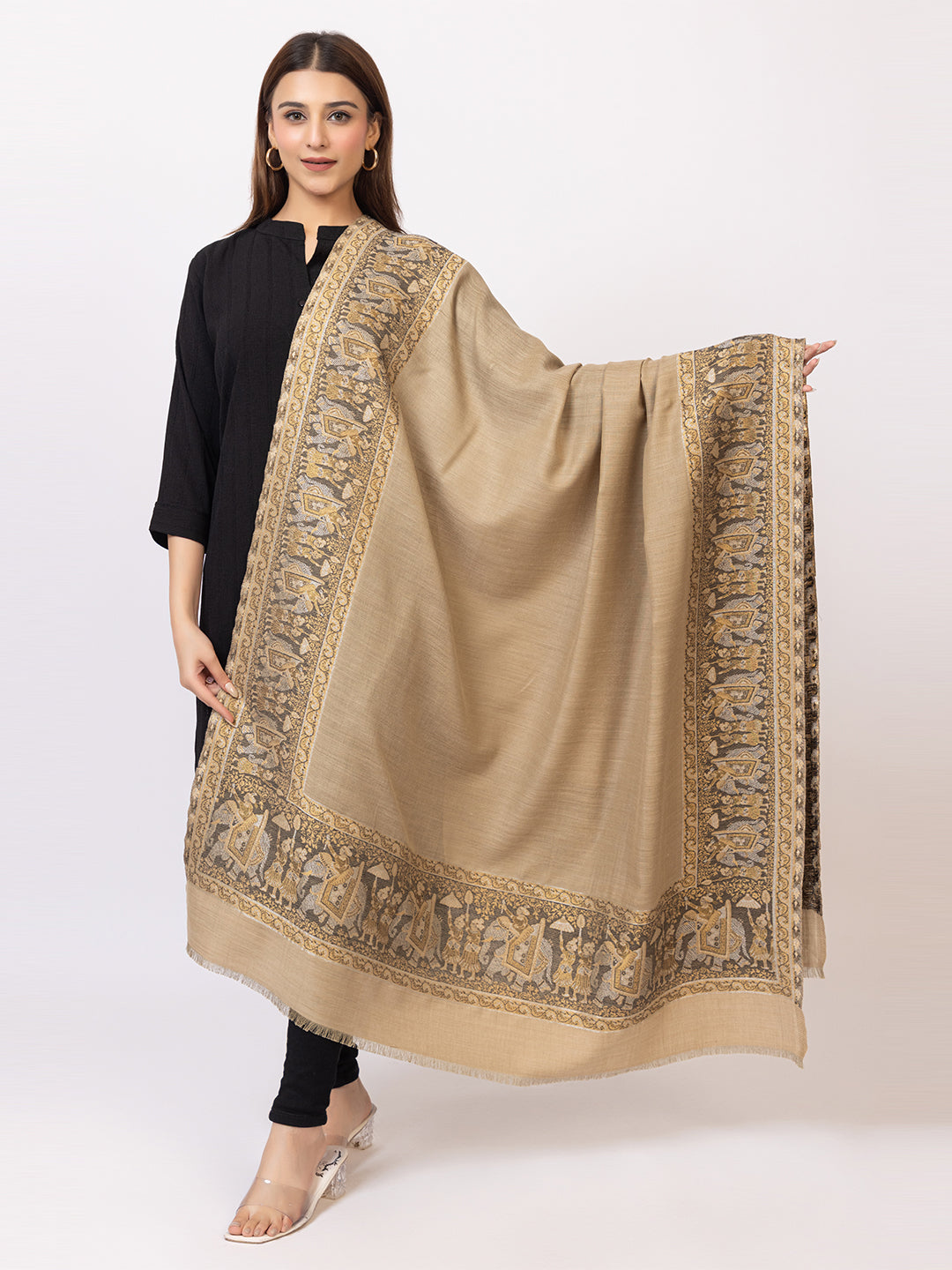 Tillaari Beige Shawl with Traditional Elephant and Floral Border