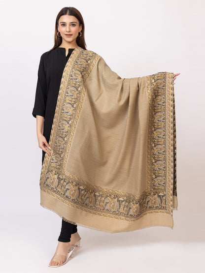 Tillaari Beige Shawl with Traditional Elephant and Floral Border