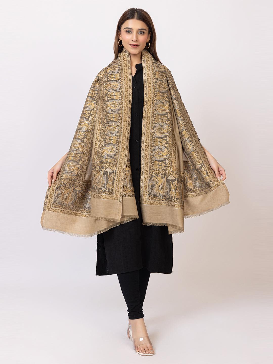 Tillaari Beige Shawl with Traditional Elephant and Floral Border