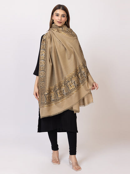 Tillaari Beige Shawl with Traditional Elephant and Floral Border