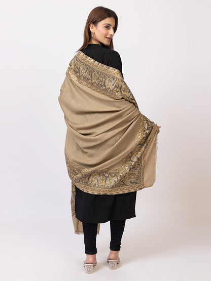 Tillaari Beige Shawl with Traditional Elephant and Floral Border