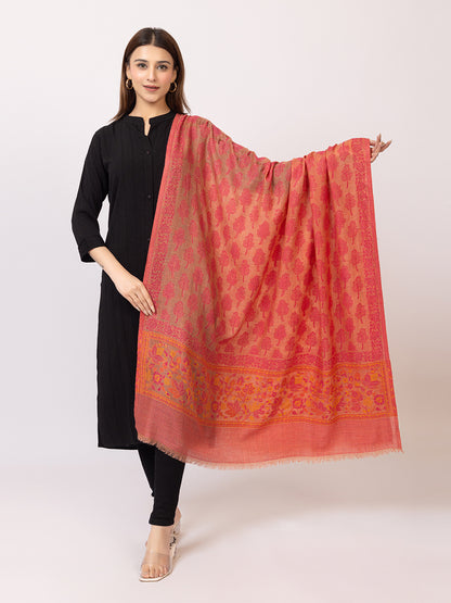 Tillaari Pink Tree Jaal and Floral Border Shawl