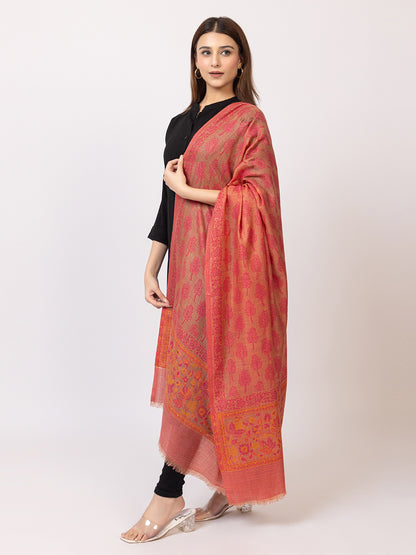 Tillaari Pink Tree Jaal and Floral Border Shawl