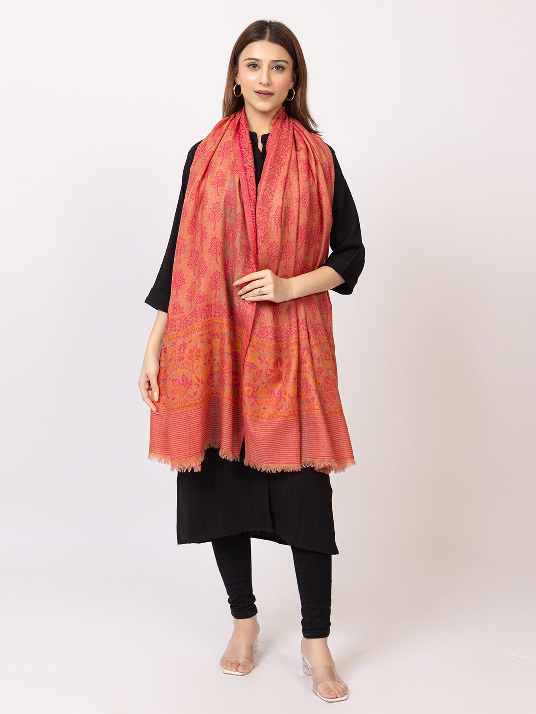 Tillaari Pink Tree Jaal and Floral Border Shawl