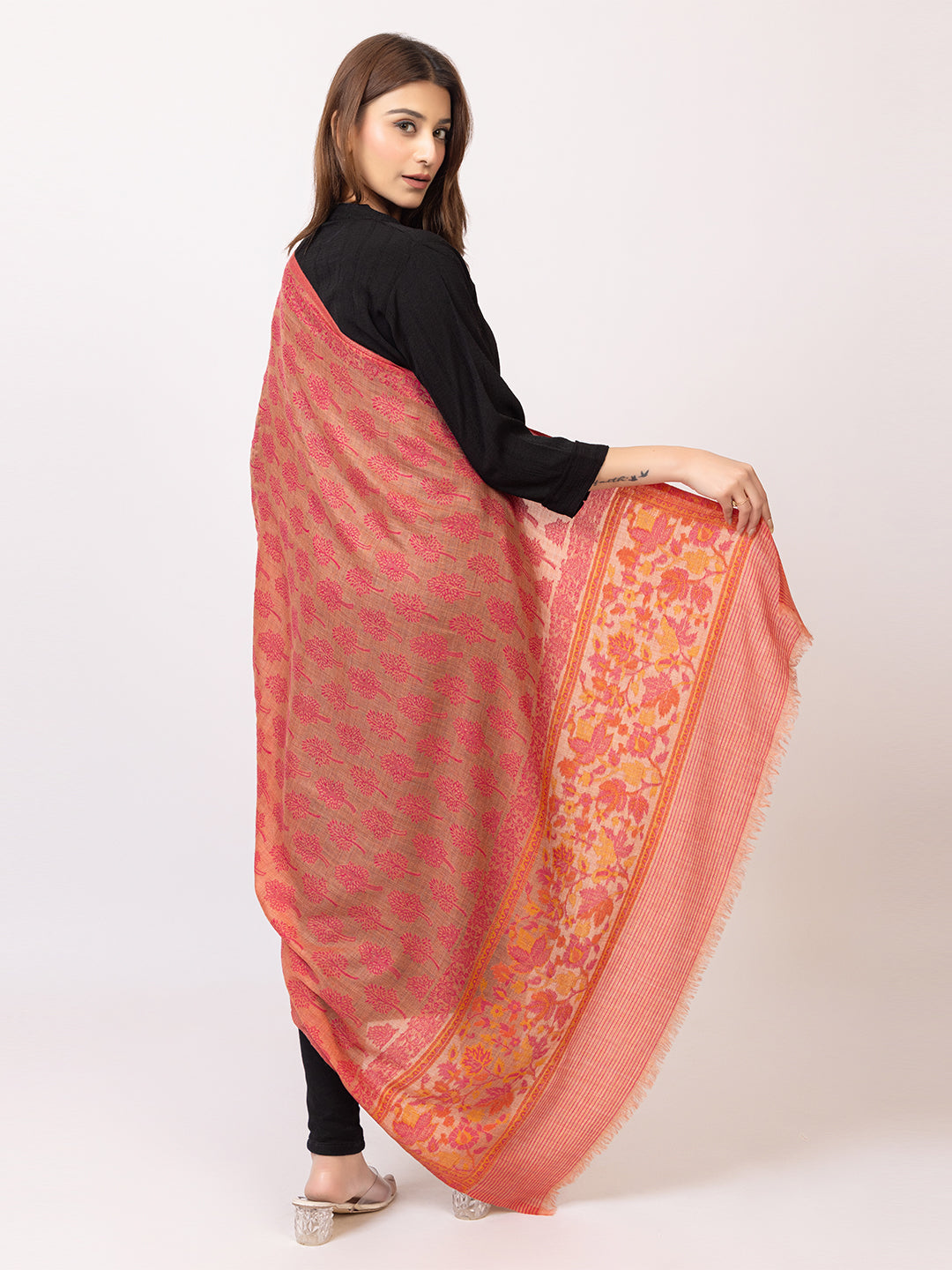 Tillaari Pink Tree Jaal and Floral Border Shawl