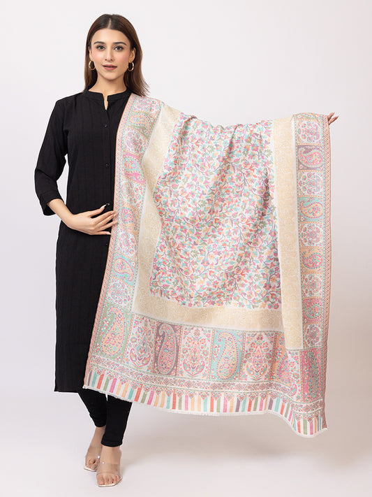 Tillaari White Kaani Shawl with Multicolor  Floral and Paisley Design