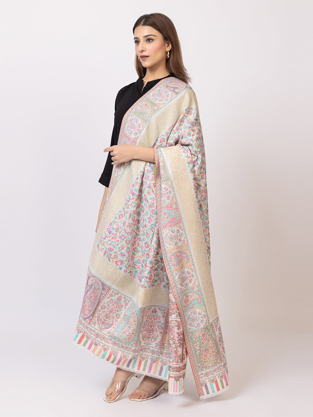 Tillaari White Kaani Shawl with Multicolor  Floral and Paisley Design