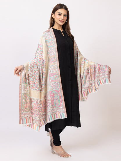 Tillaari White Kaani Shawl with Multicolor  Floral and Paisley Design